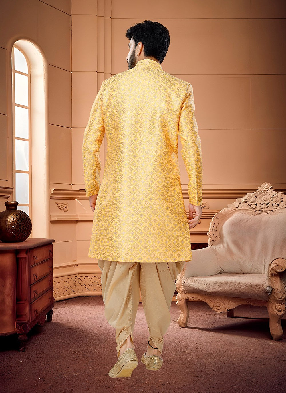 Fancy Work Silk Gold Indo Western Sherwani - M4325