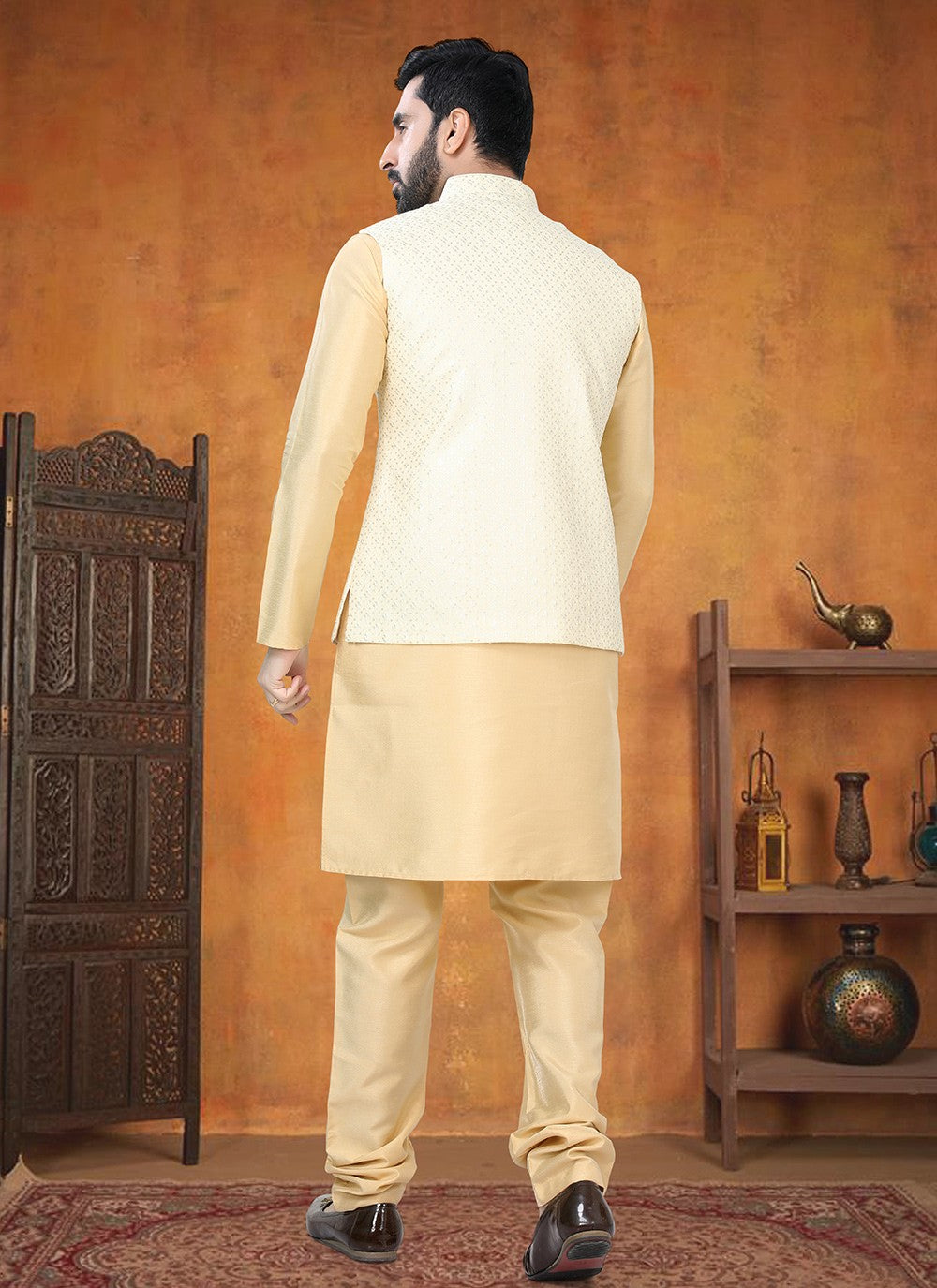 Printed Silk Gold Kurta Payjama With Jacket - M8789