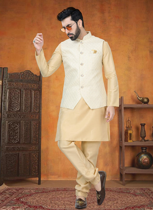 Printed Silk Gold Kurta Payjama With Jacket - M8789