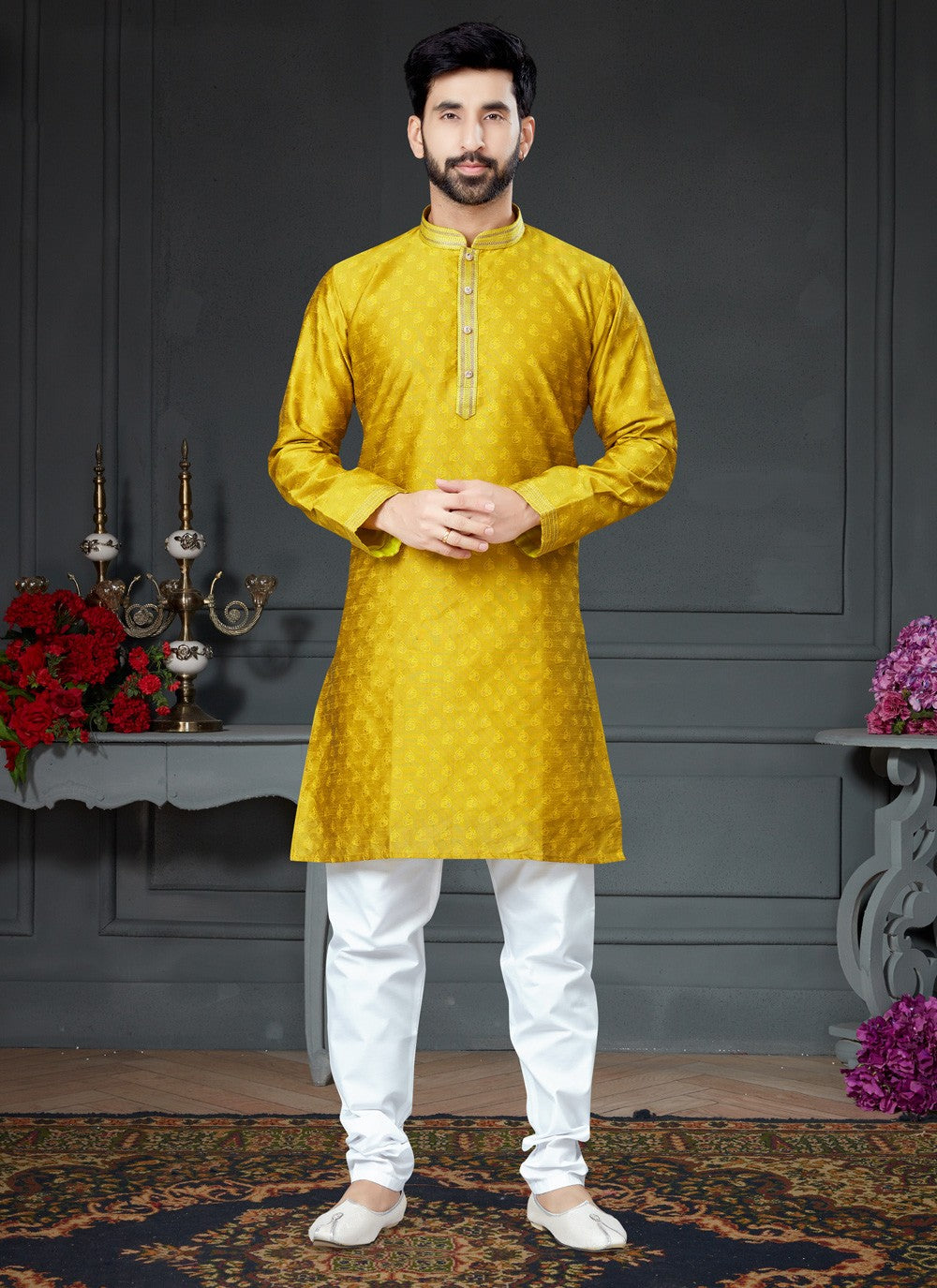 Embroidered Silk Gold Kurta Pyjama - M4152