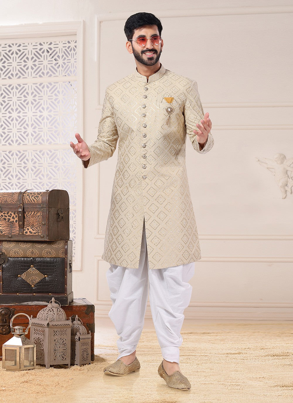 Thread Silk Gold Indo Western Sherwani - M4717