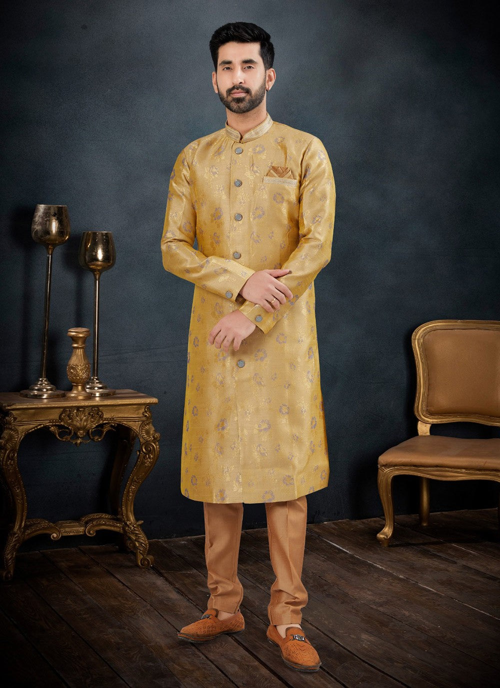 Embroidered Jacquard Gold Kurta Pyjama - M7130