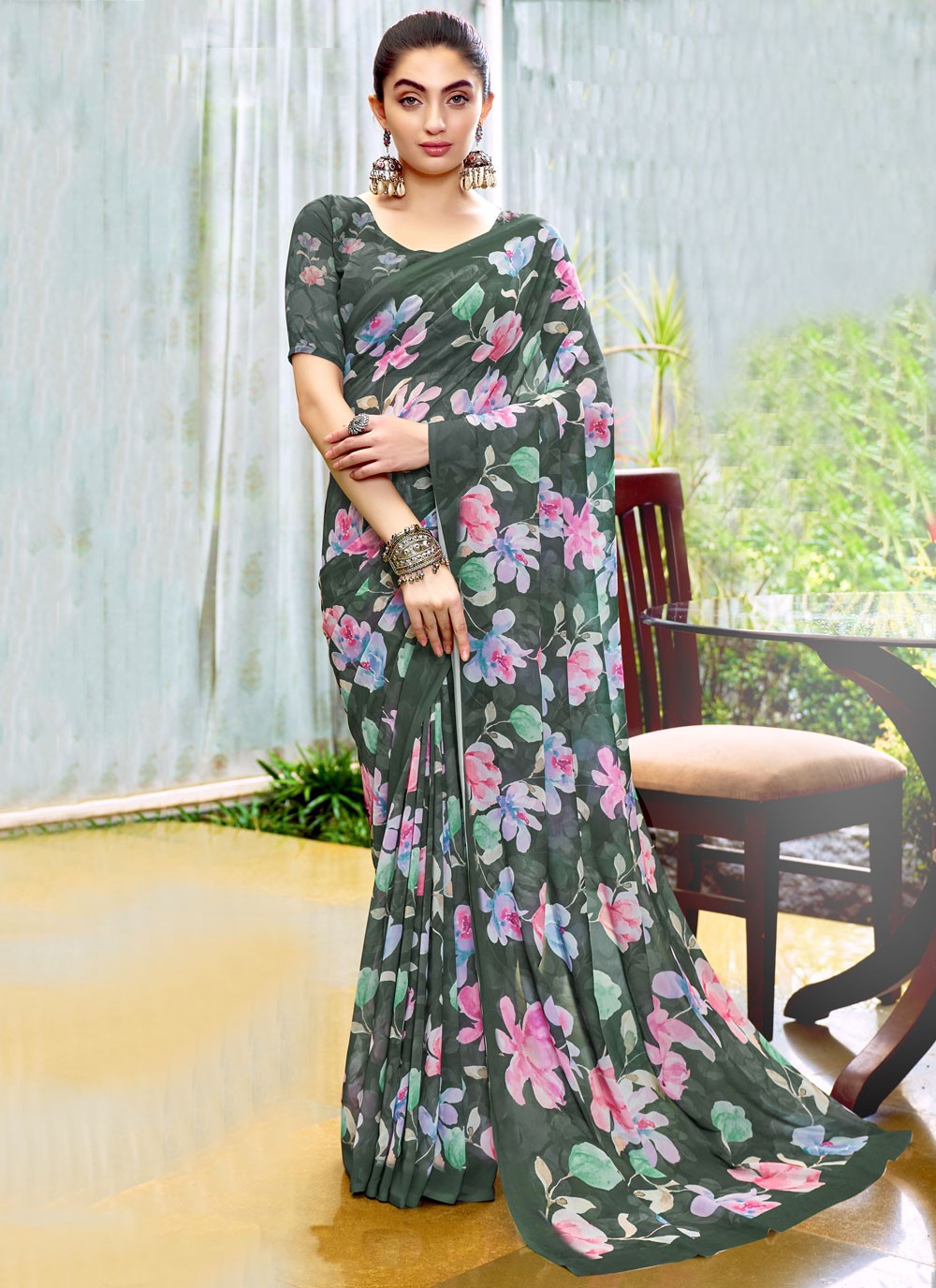 Classic Digital Print Georgette, Weight Less Saree - S9179