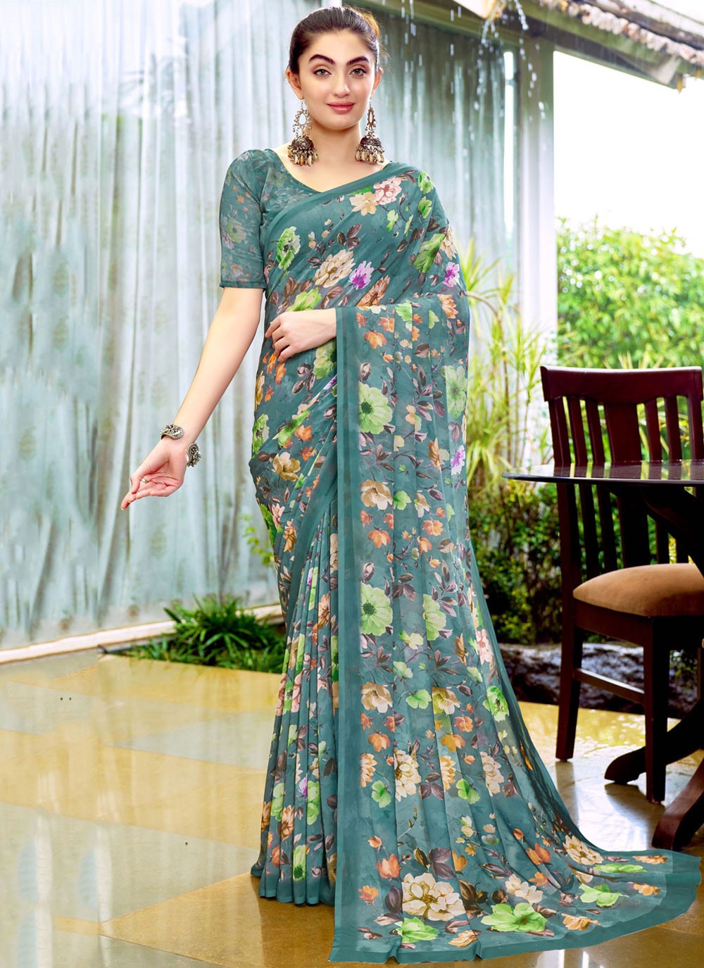 Classic Digital Print Georgette, Weight Less Saree - S9179