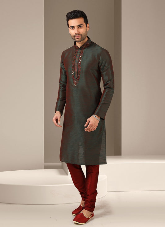 Embroidered Banarasi Silk Green, Maroon Kurta Pyjama - M3236