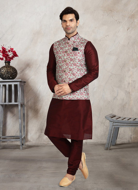 Printed Banarasi Silk Green, Maroon Kurta Payjama With Jacket - M2719