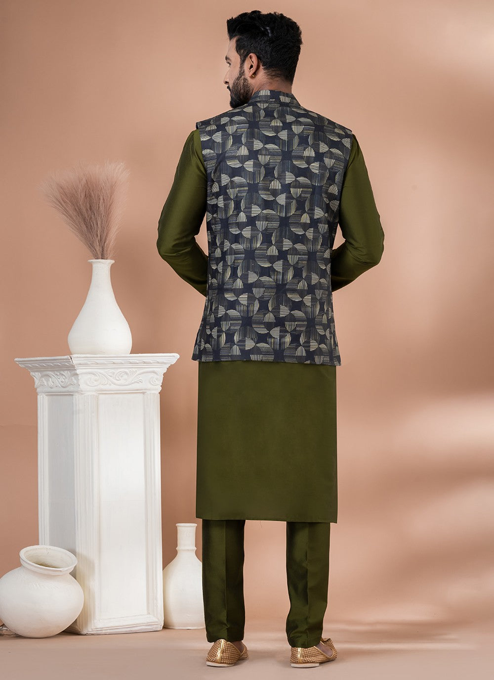 Plain Cotton , Viscose Green, Multi Colour Kurta Payjama With Jacket - M7745