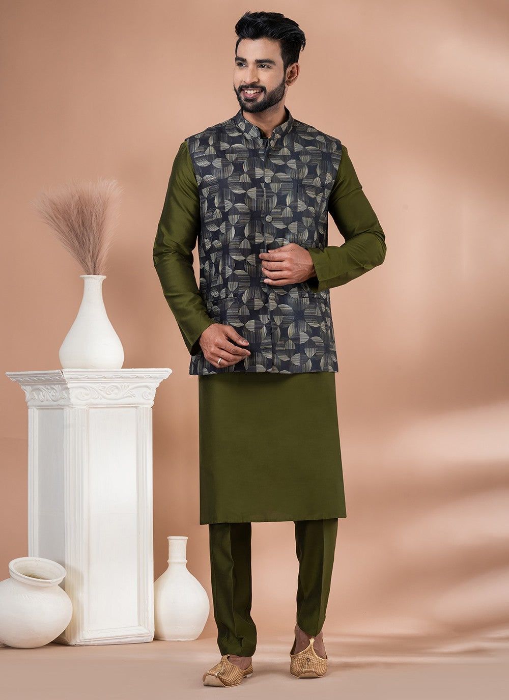 Plain Cotton , Viscose Green, Multi Colour Kurta Payjama With Jacket - M7745