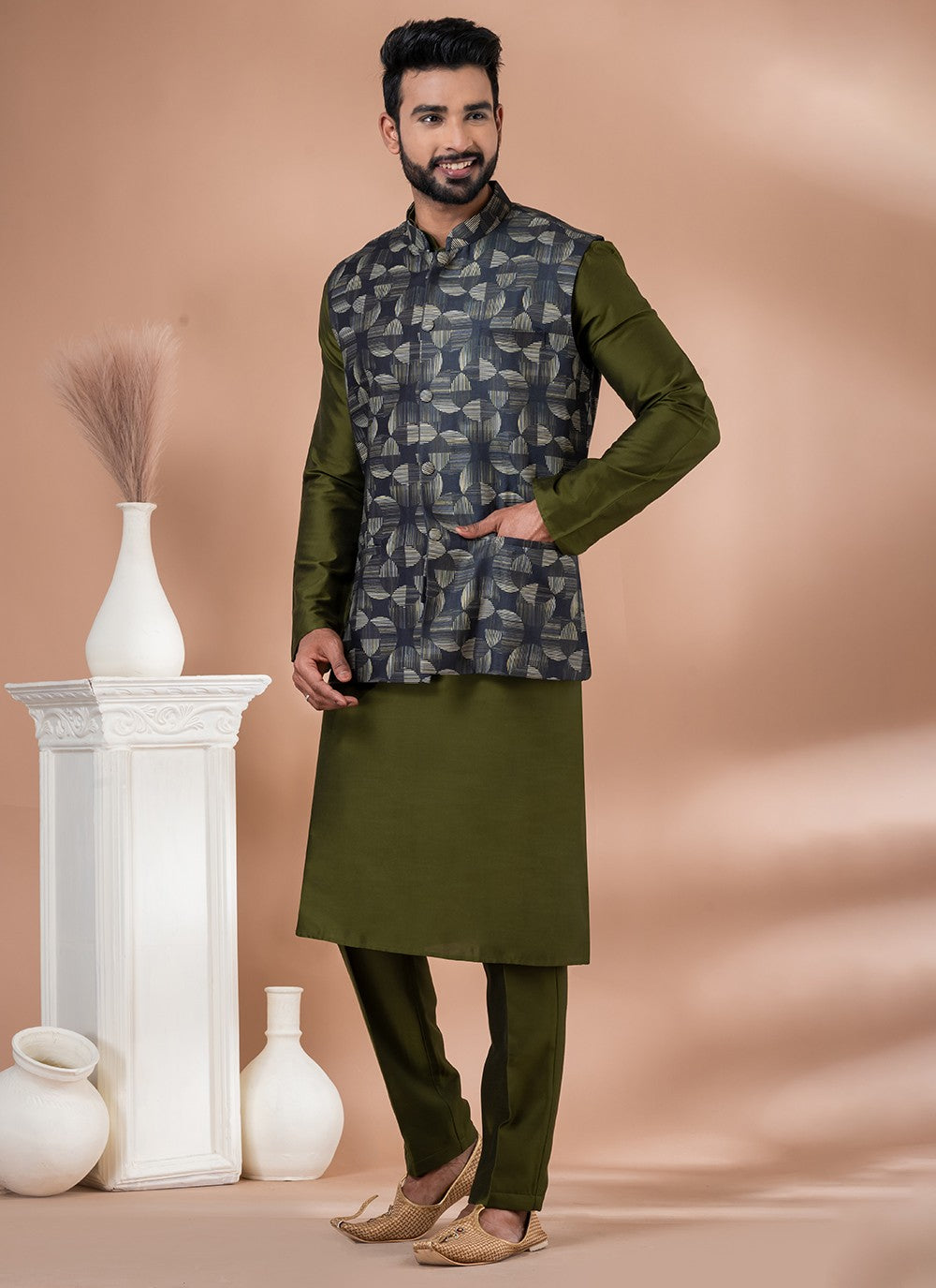 Plain Cotton , Viscose Green, Multi Colour Kurta Payjama With Jacket - M7745