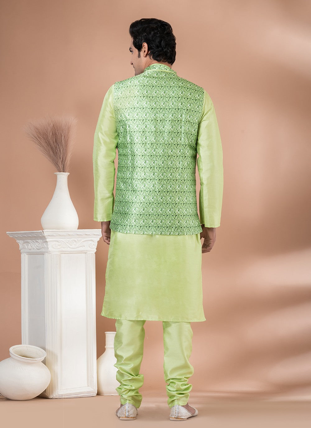 Plain Banarasi Silk Green, Multi Colour Kurta Payjama With Jacket - M7710