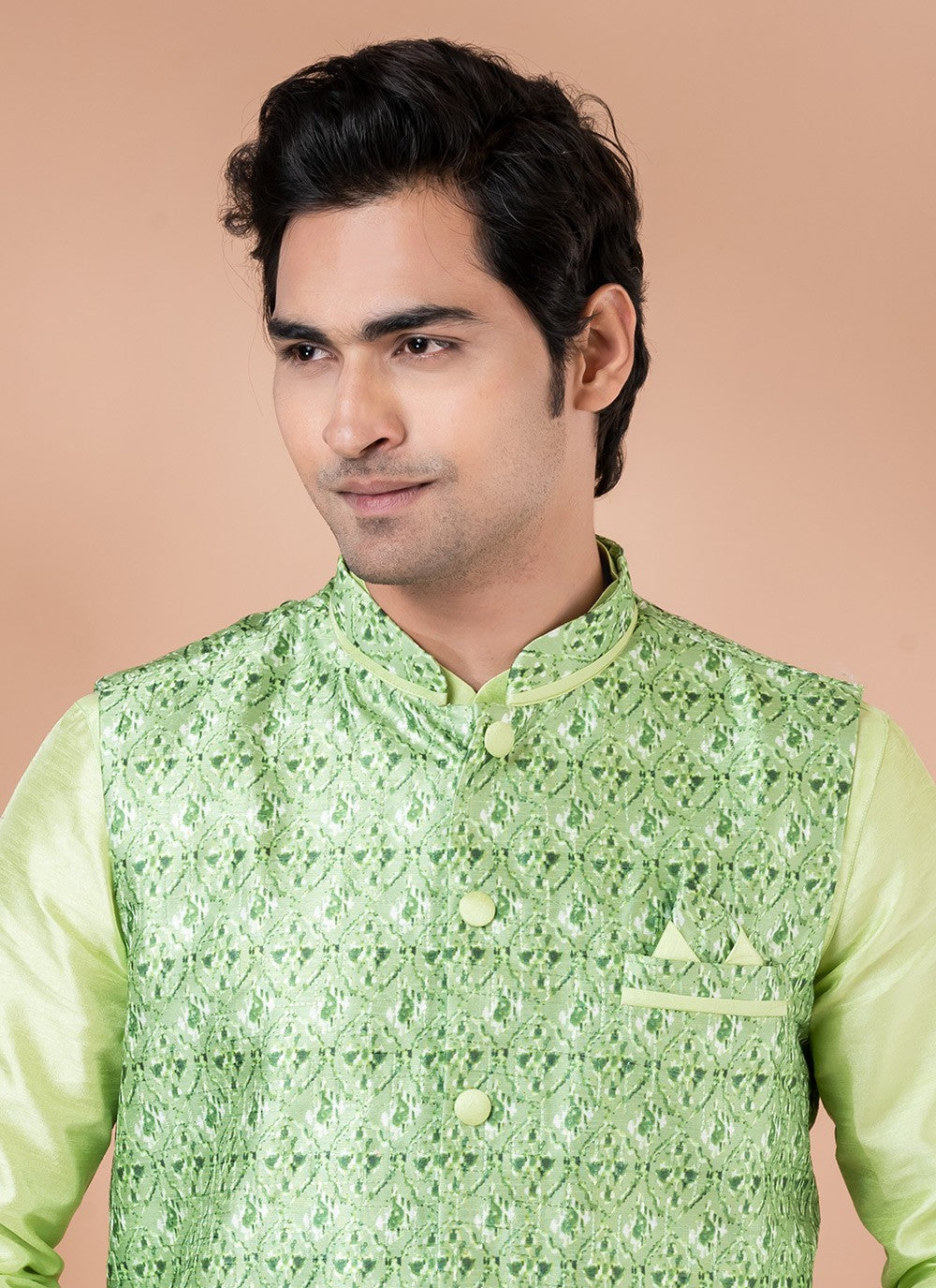 Plain Banarasi Silk Green, Multi Colour Kurta Payjama With Jacket - M7710