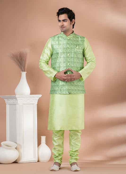 Plain Banarasi Silk Green, Multi Colour Kurta Payjama With Jacket - M7710