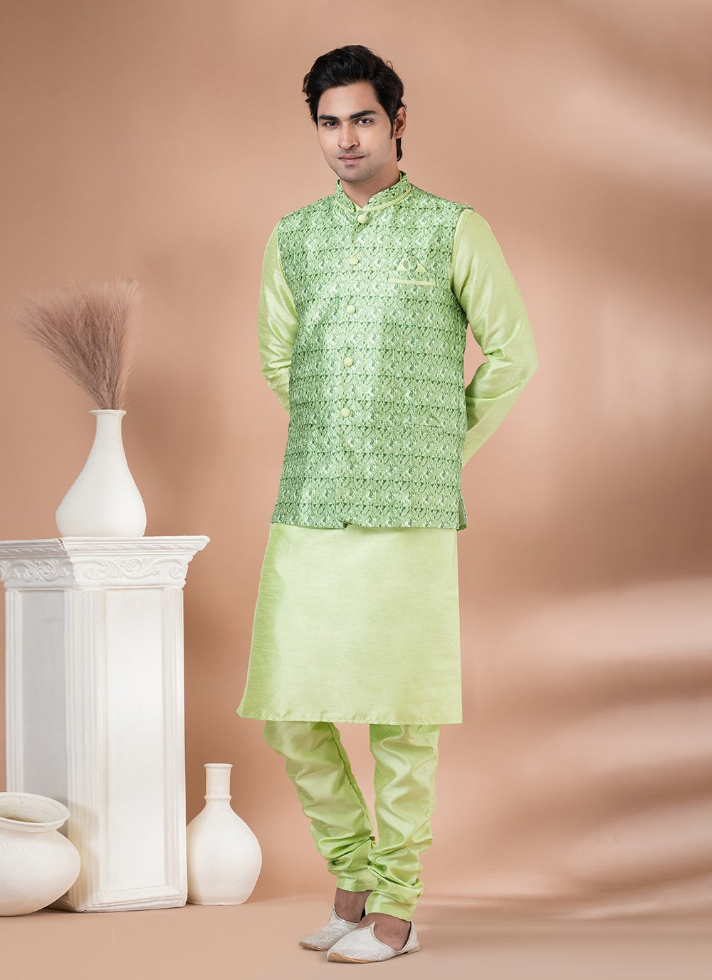 Plain Banarasi Silk Green, Multi Colour Kurta Payjama With Jacket - M7710