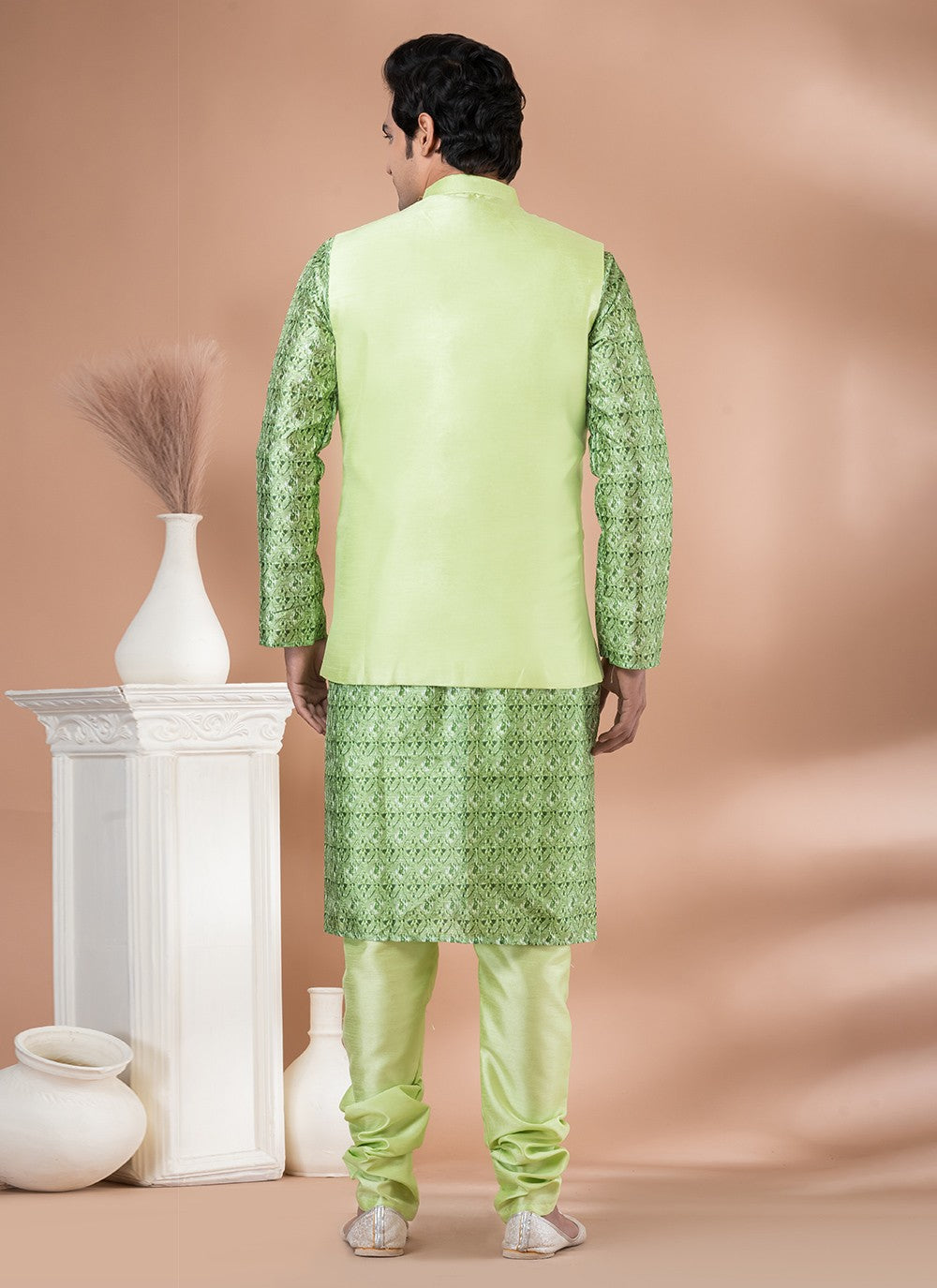 Plain Banarasi Silk Green, Multi Colour Kurta Payjama With Jacket - M7711