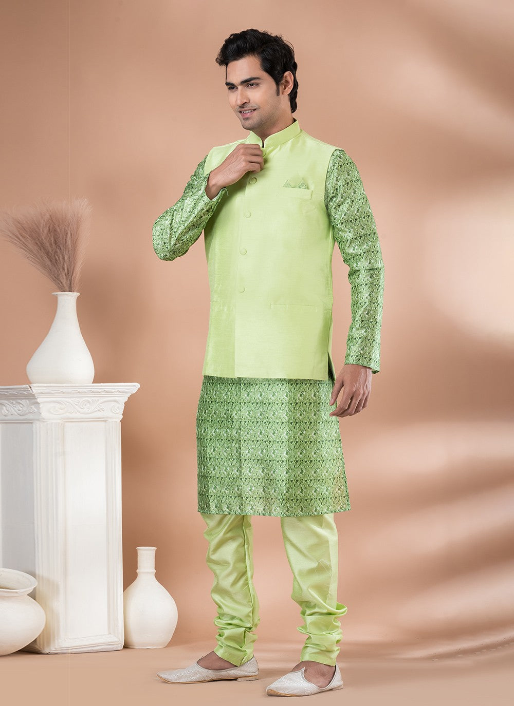 Plain Banarasi Silk Green, Multi Colour Kurta Payjama With Jacket - M7711