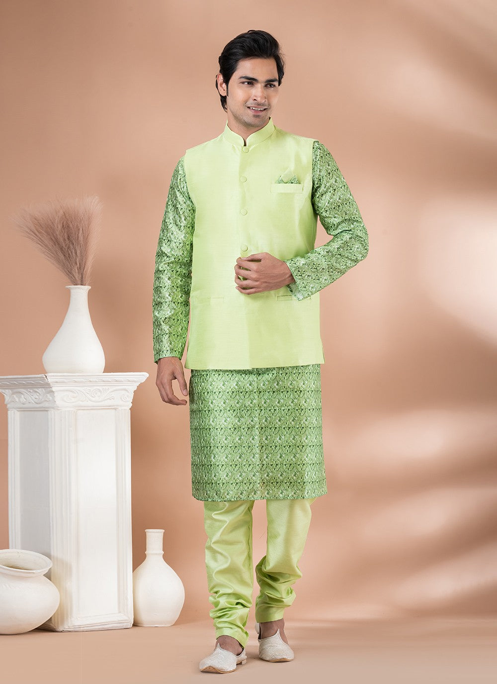 Plain Banarasi Silk Green, Multi Colour Kurta Payjama With Jacket - M7711