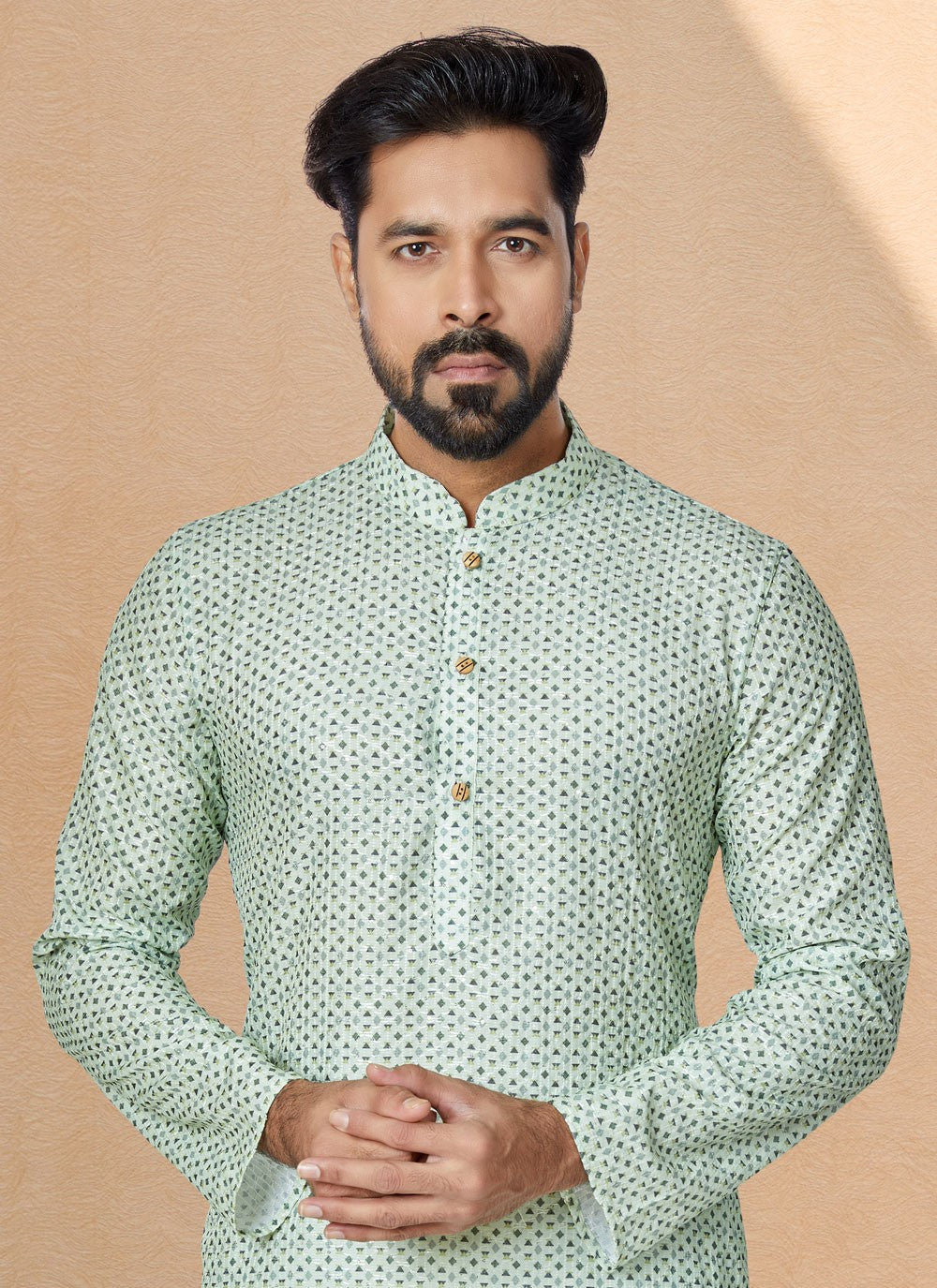 Digital Print Fancy Fabric Green, Multi Colour Kurta Pyjama - M5081