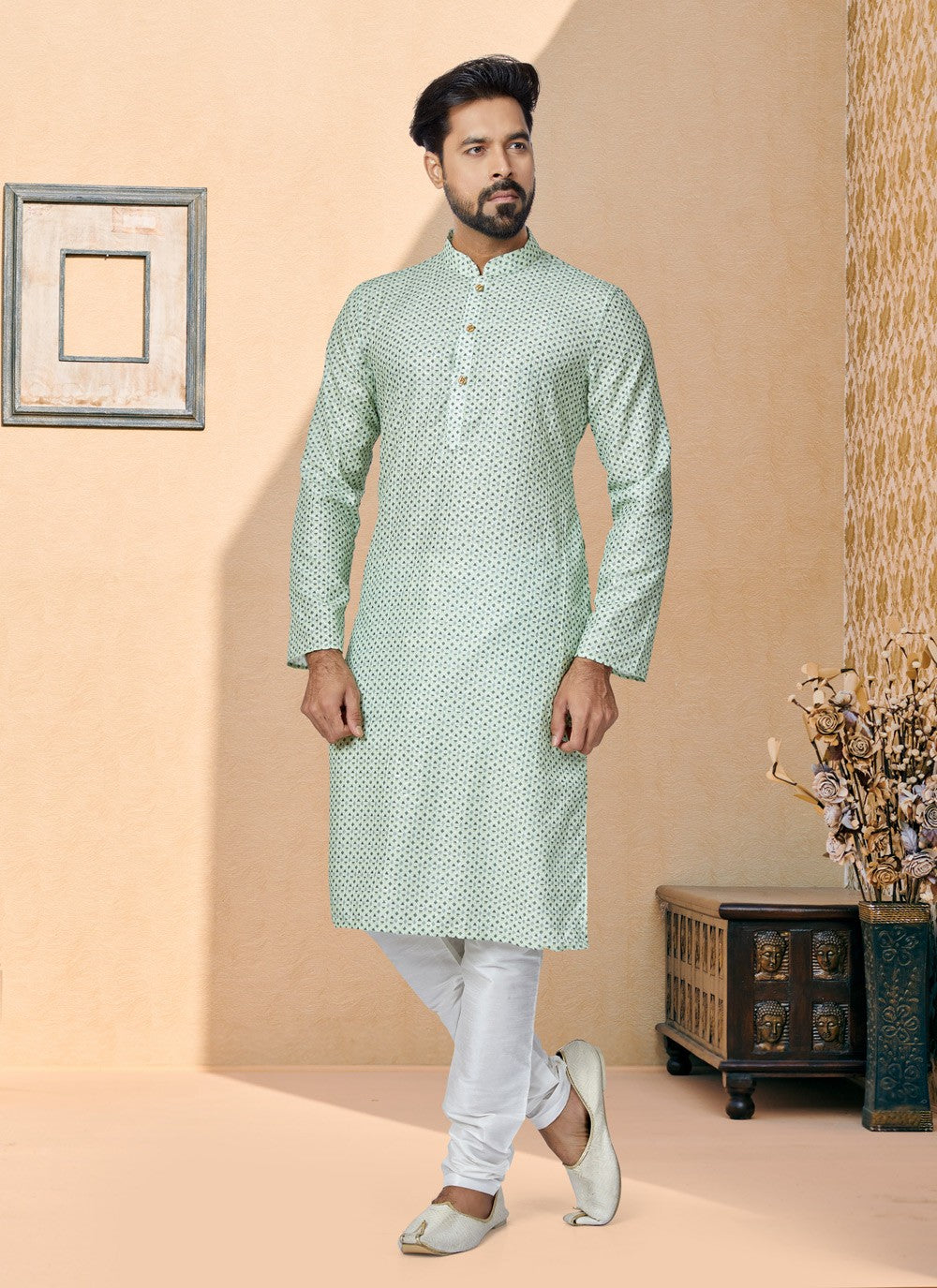 Digital Print Fancy Fabric Green, Multi Colour Kurta Pyjama - M5081