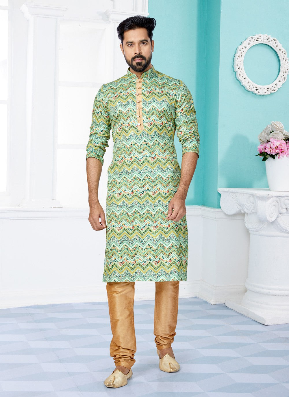 Digital Print Fancy Fabric Green, Multi Colour Kurta Pyjama - M5097