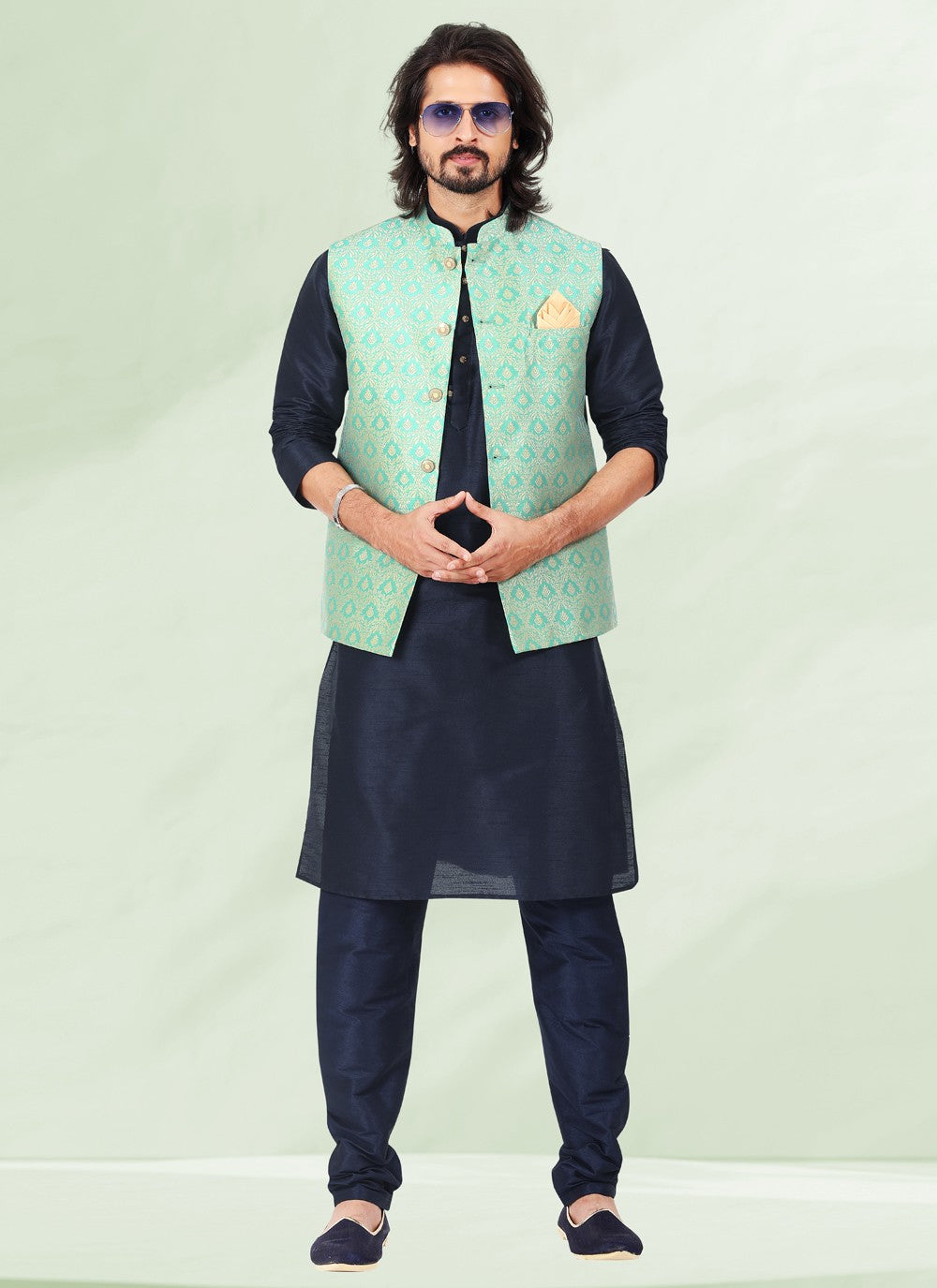 Jacquard Work Banarasi Silk, Jacquard Green, Navy Blue Kurta Payjama With Jacket - M4883