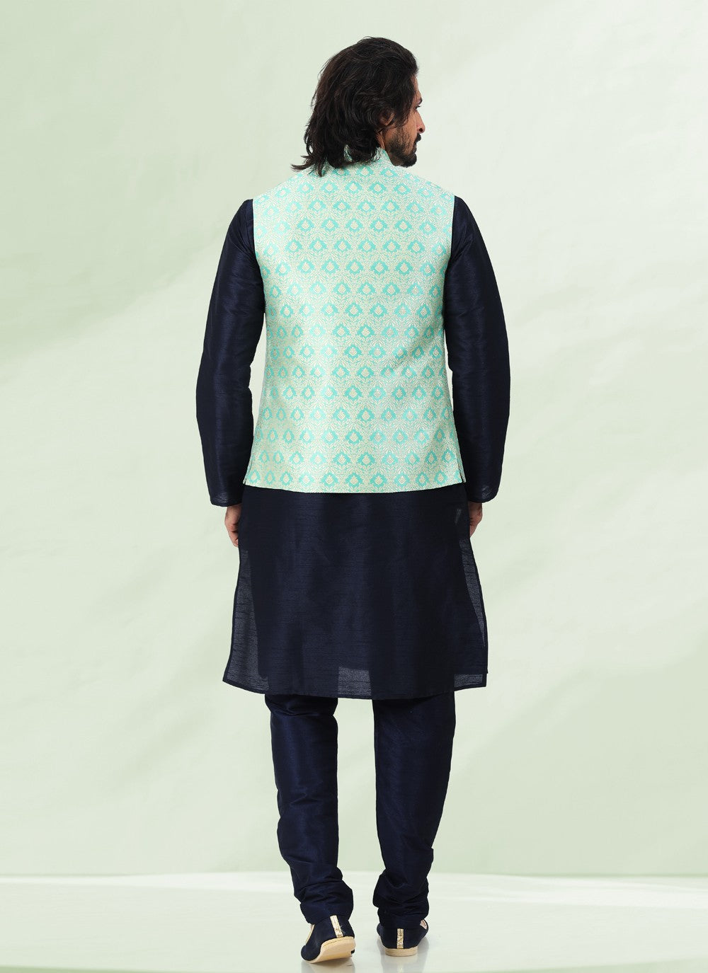 Jacquard Work Banarasi Silk, Jacquard Green, Navy Blue Kurta Payjama With Jacket - M4883