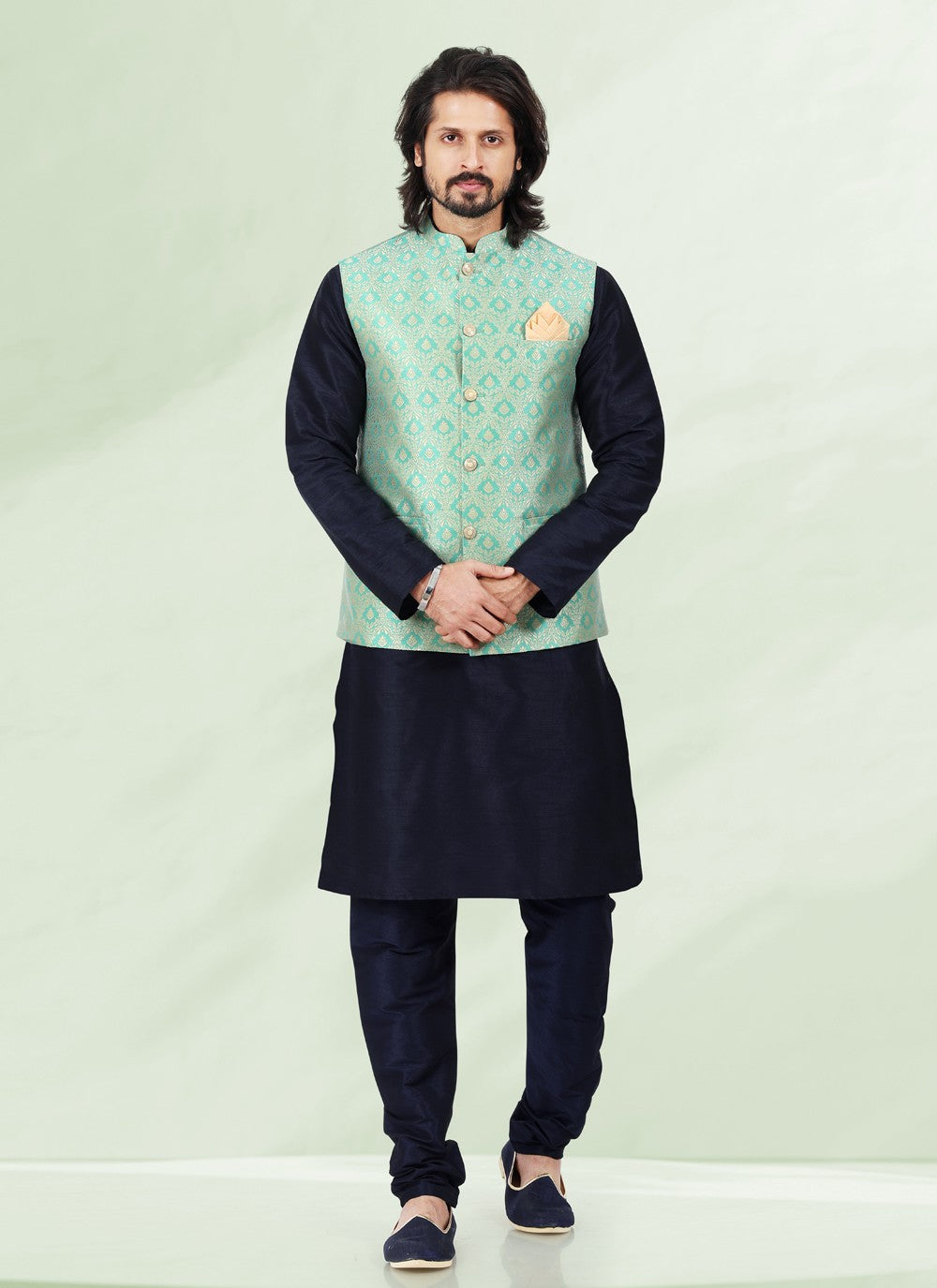 Jacquard Work Banarasi Silk, Jacquard Green, Navy Blue Kurta Payjama With Jacket - M4883