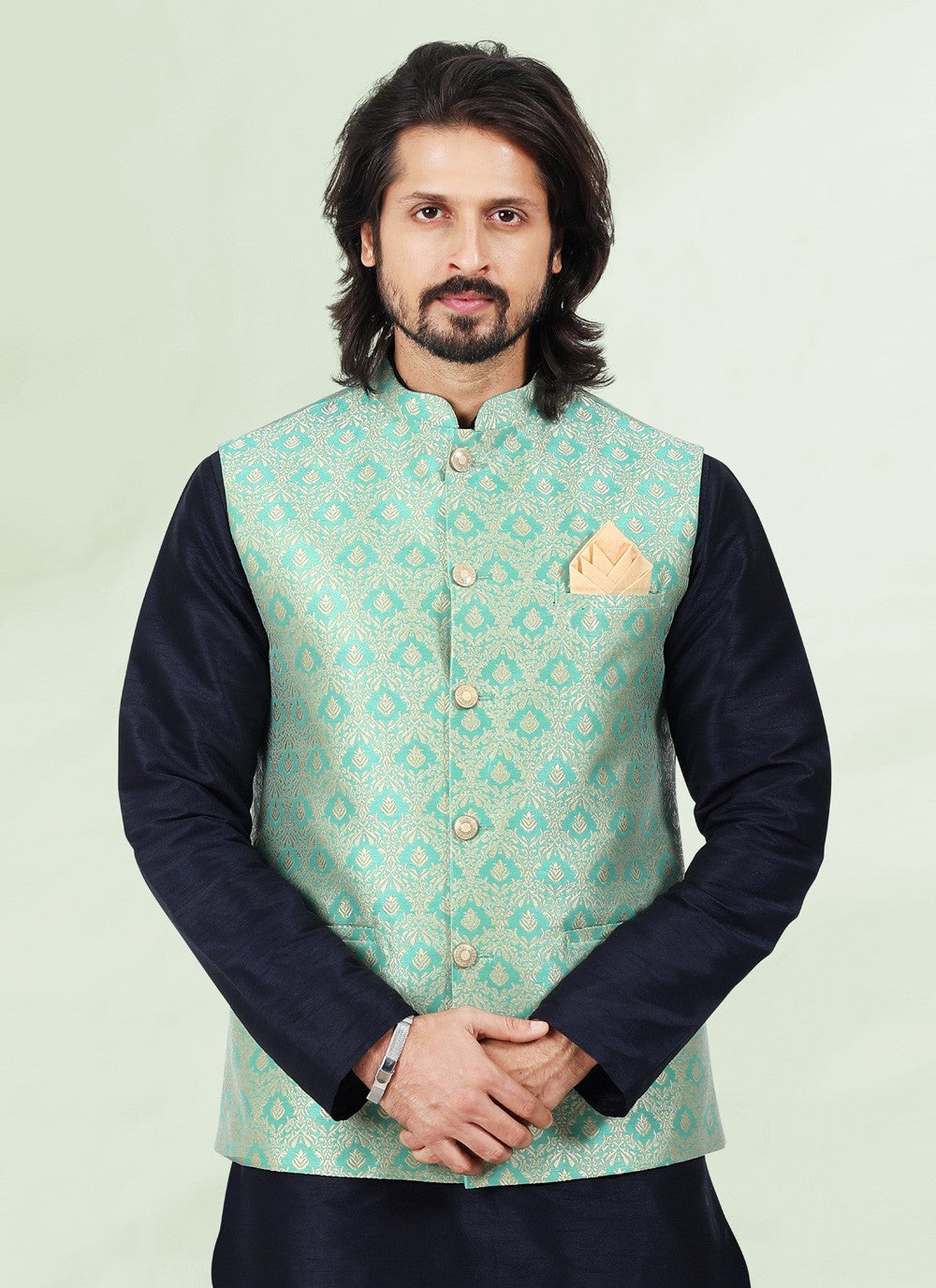 Jacquard Work Banarasi Silk, Jacquard Green, Navy Blue Kurta Payjama With Jacket - M4883