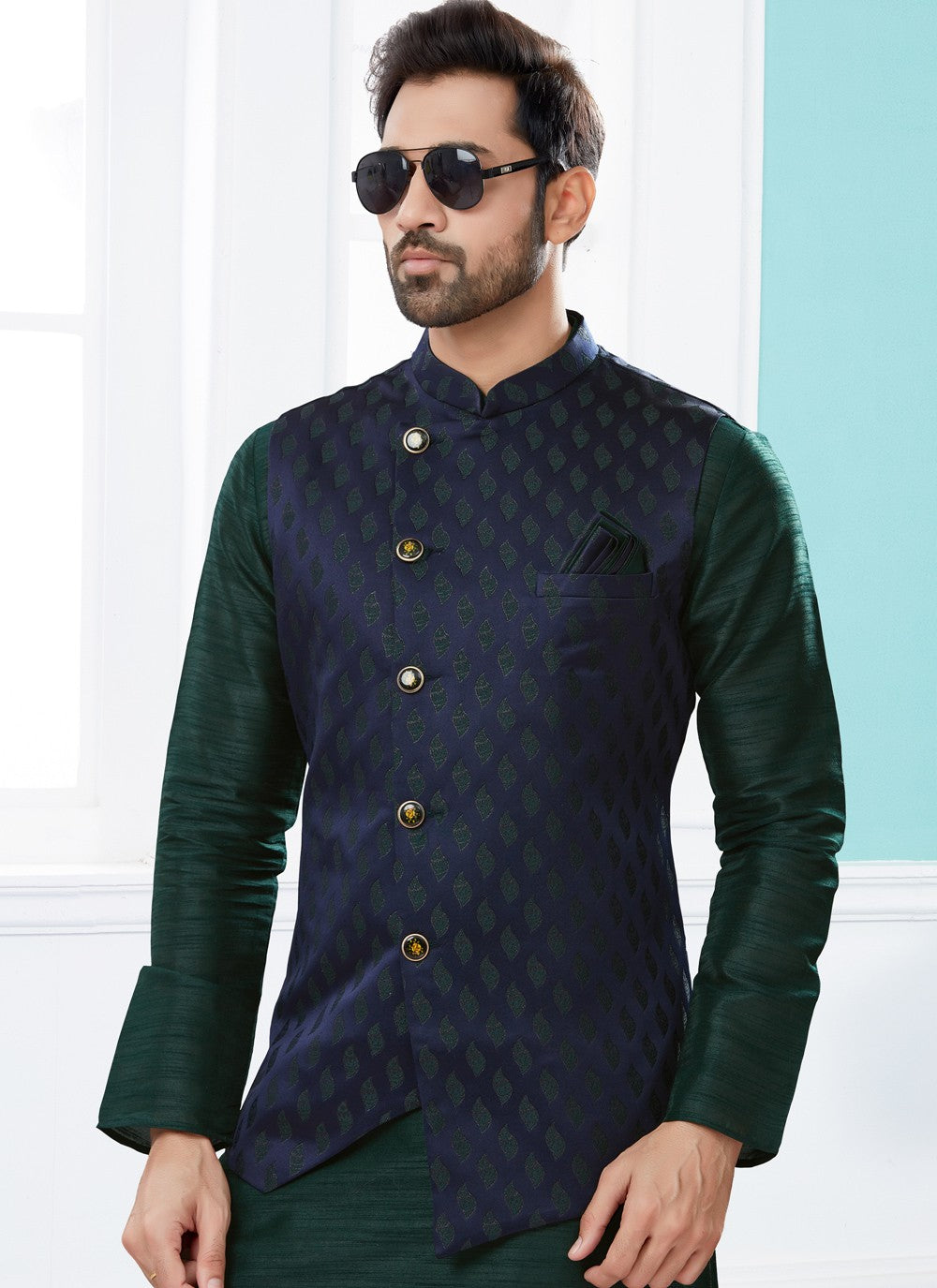 Jacquard Work Banarasi Silk, Dupion Silk Green, Navy Blue Kurta Payjama With Jacket - M4023