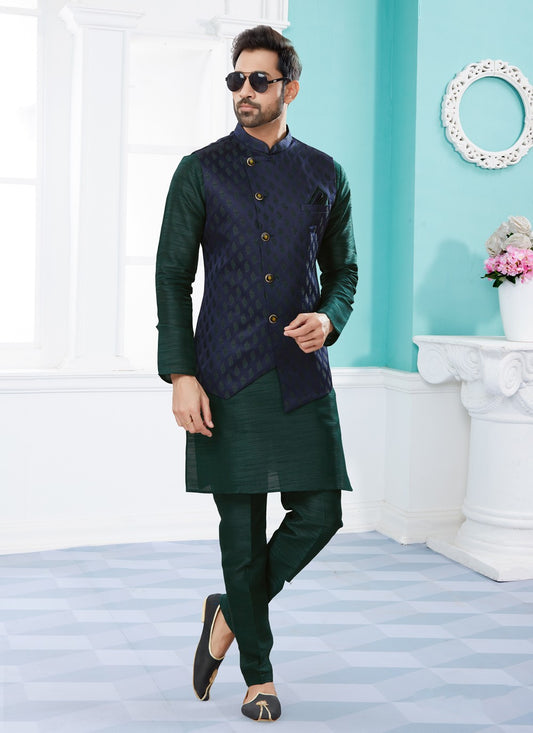 Jacquard Work Banarasi Silk, Dupion Silk Green, Navy Blue Kurta Payjama With Jacket - M4023