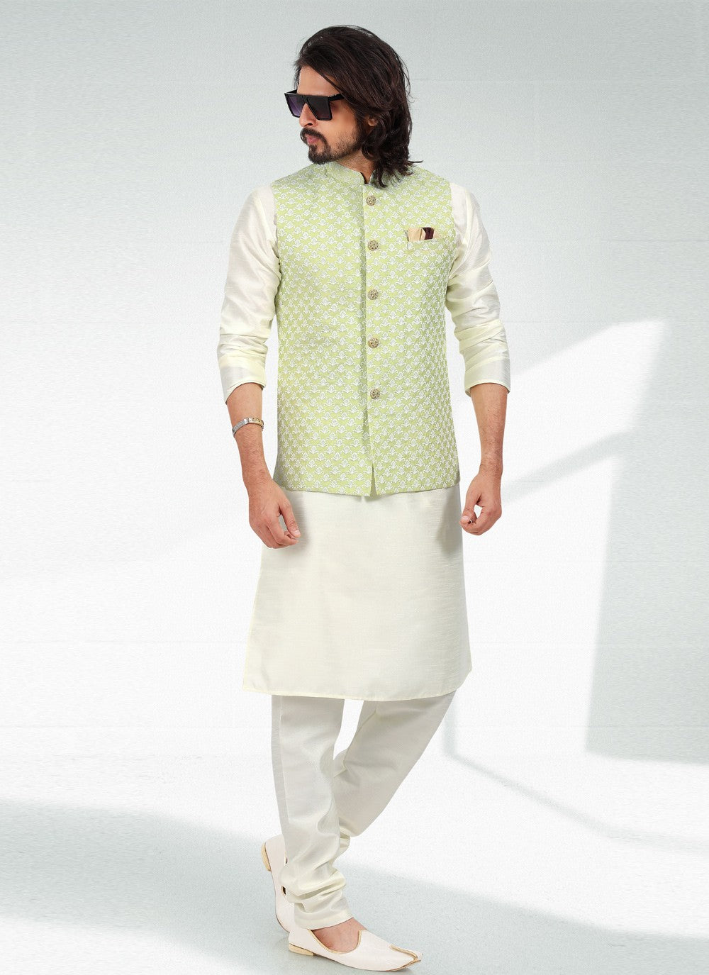 Thread Banarasi Silk Green, Off White Kurta Payjama With Jacket - M4610