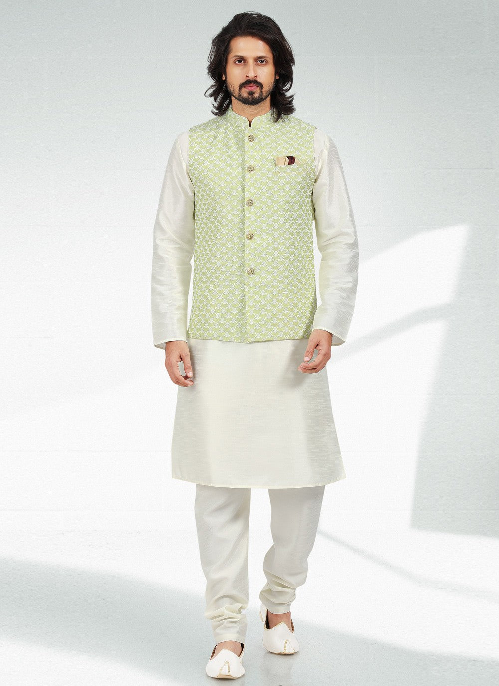 Thread Banarasi Silk Green, Off White Kurta Payjama With Jacket - M4610