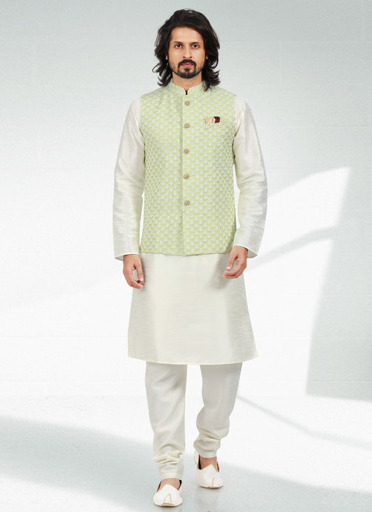 Thread Banarasi Silk Green, Off White Kurta Payjama With Jacket - M4610