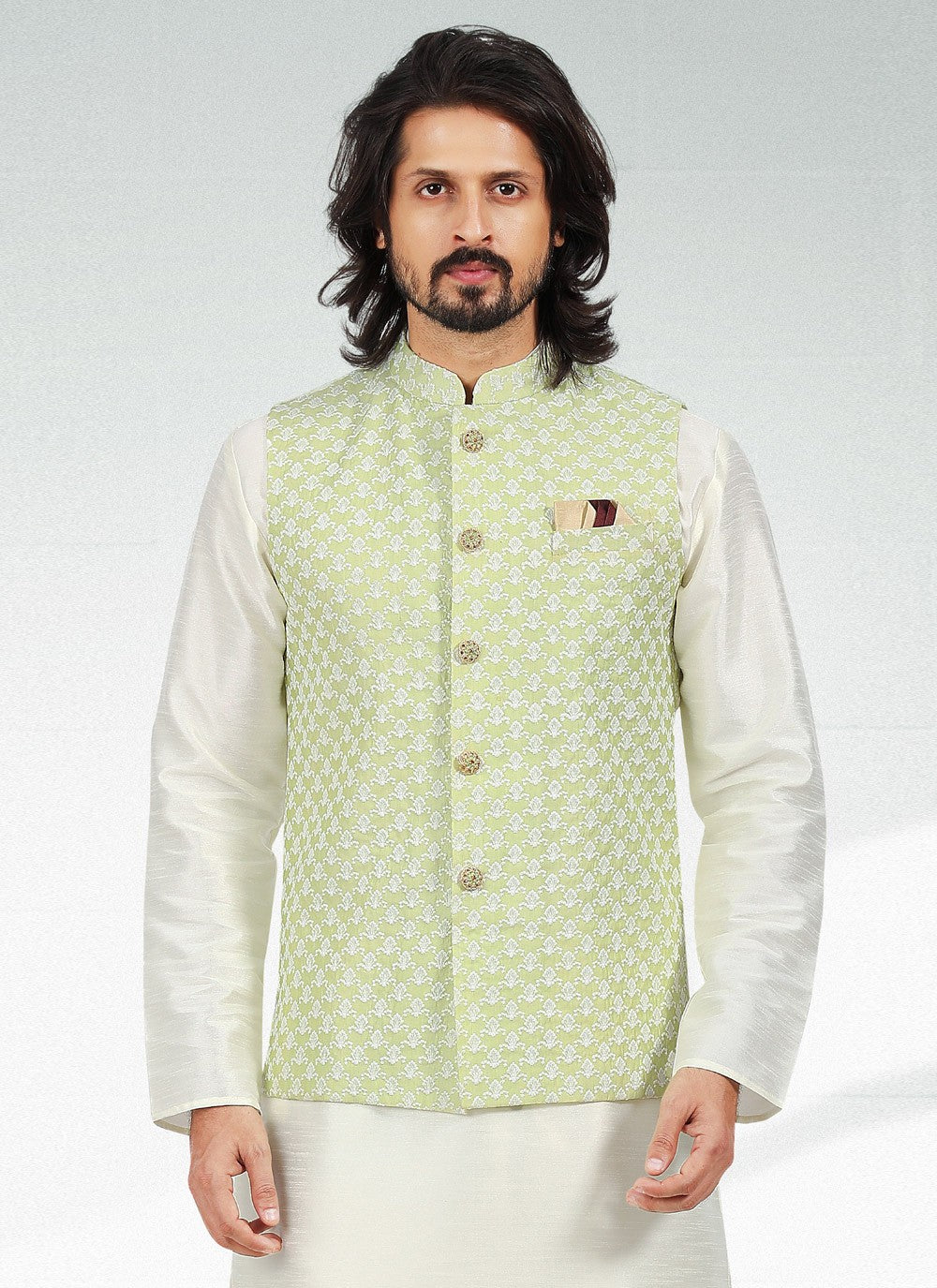 Thread Banarasi Silk Green, Off White Kurta Payjama With Jacket - M4610