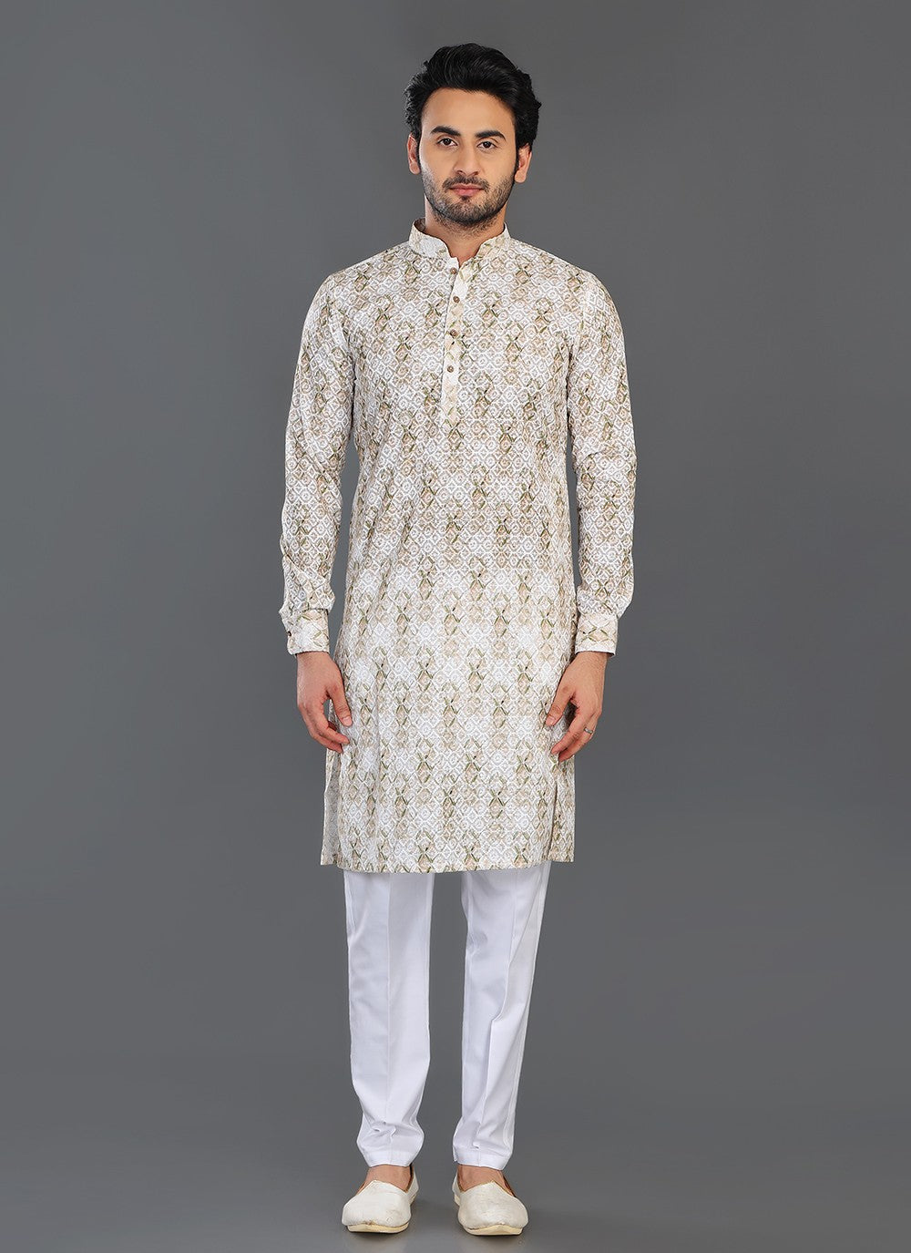 Printed Cotton Green, Off White Kurta Pyjama - M8079