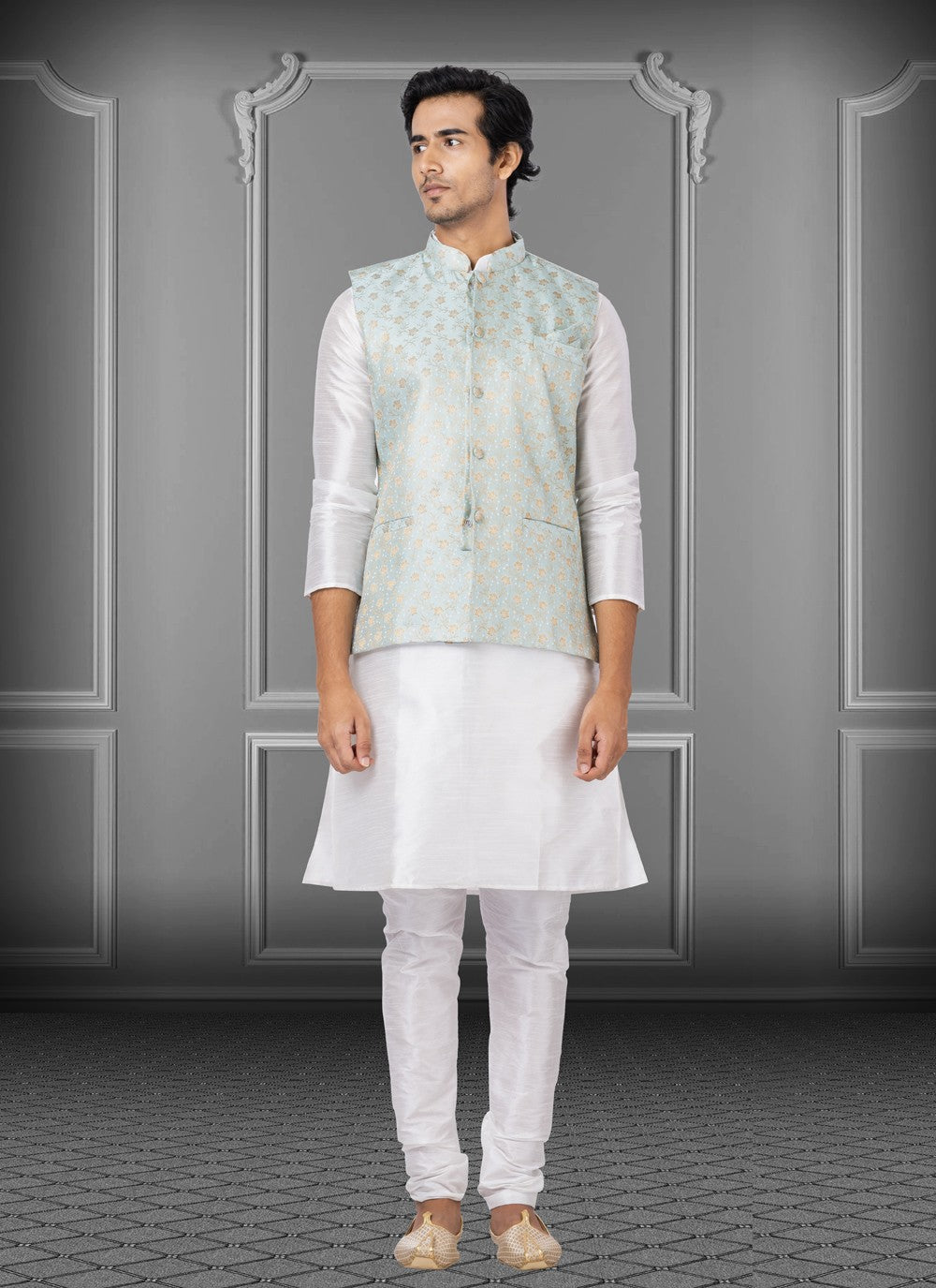 Embroidered Dupion Silk, Linen Green, Off White Kurta Payjama With Jacket - M3766