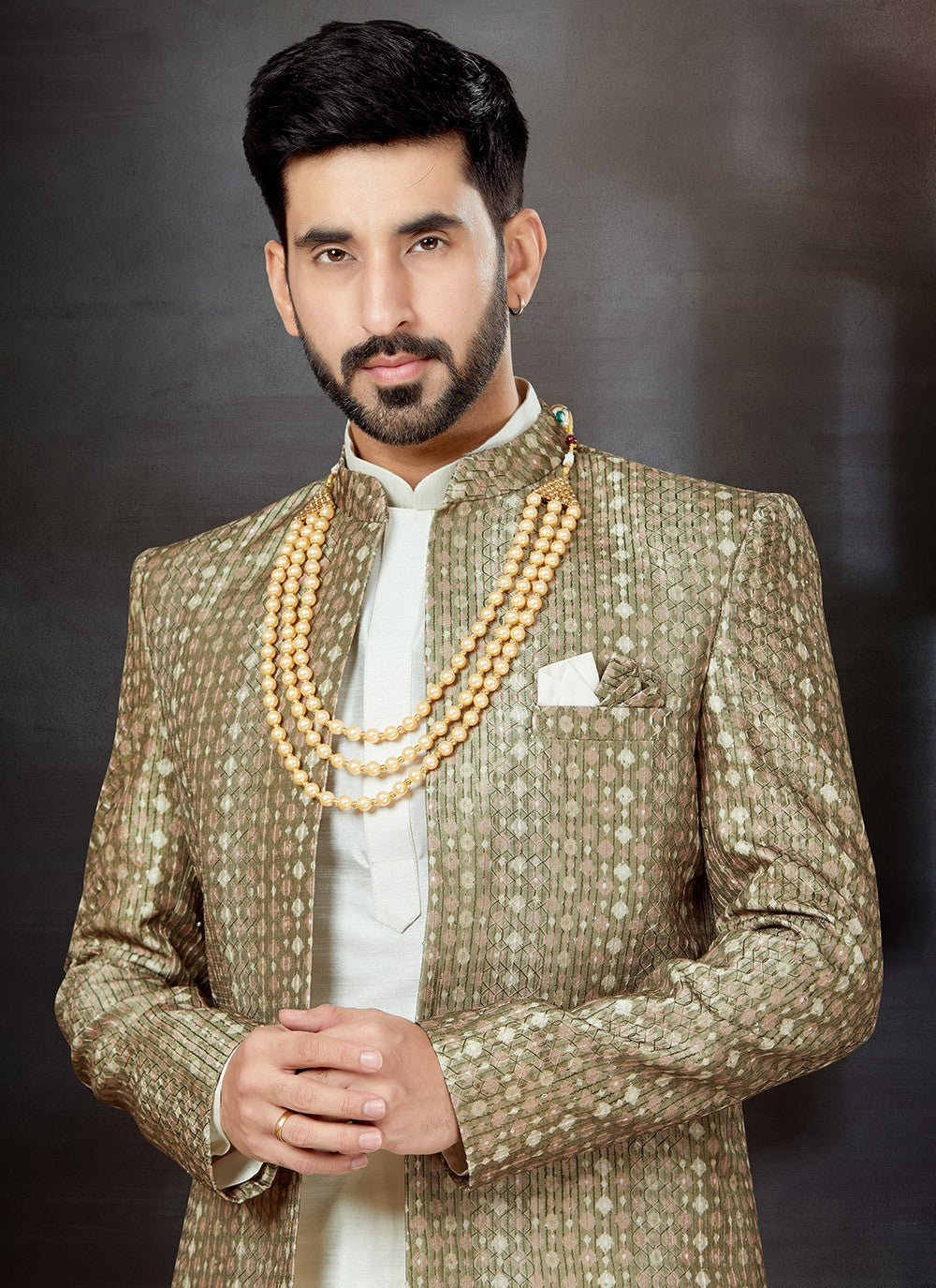 Embroidered Banarasi Jacquard, Dupion Silk Green, Off White Indo Western Sherwani - M4797