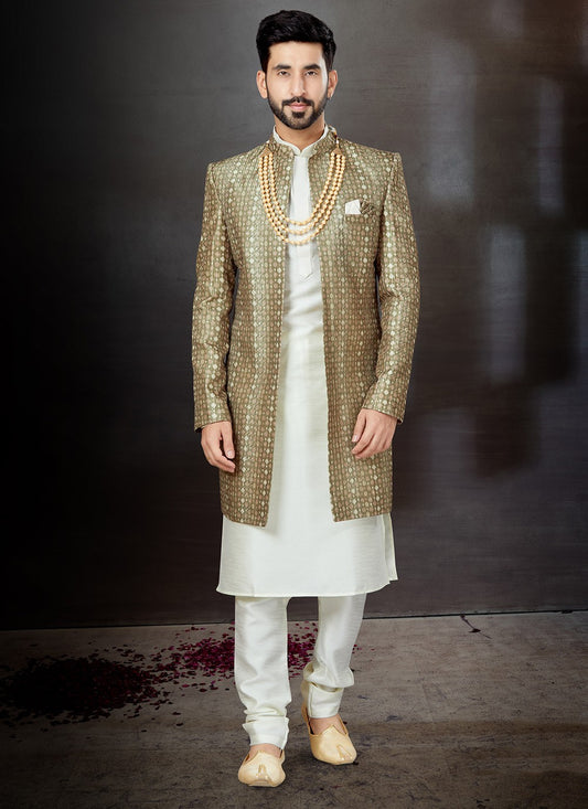 Embroidered Banarasi Jacquard, Dupion Silk Green, Off White Indo Western Sherwani - M4797