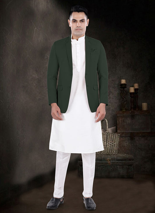 Plain Silk, Viscose Green, Off White Kurta Payjama With Jacket - M8183