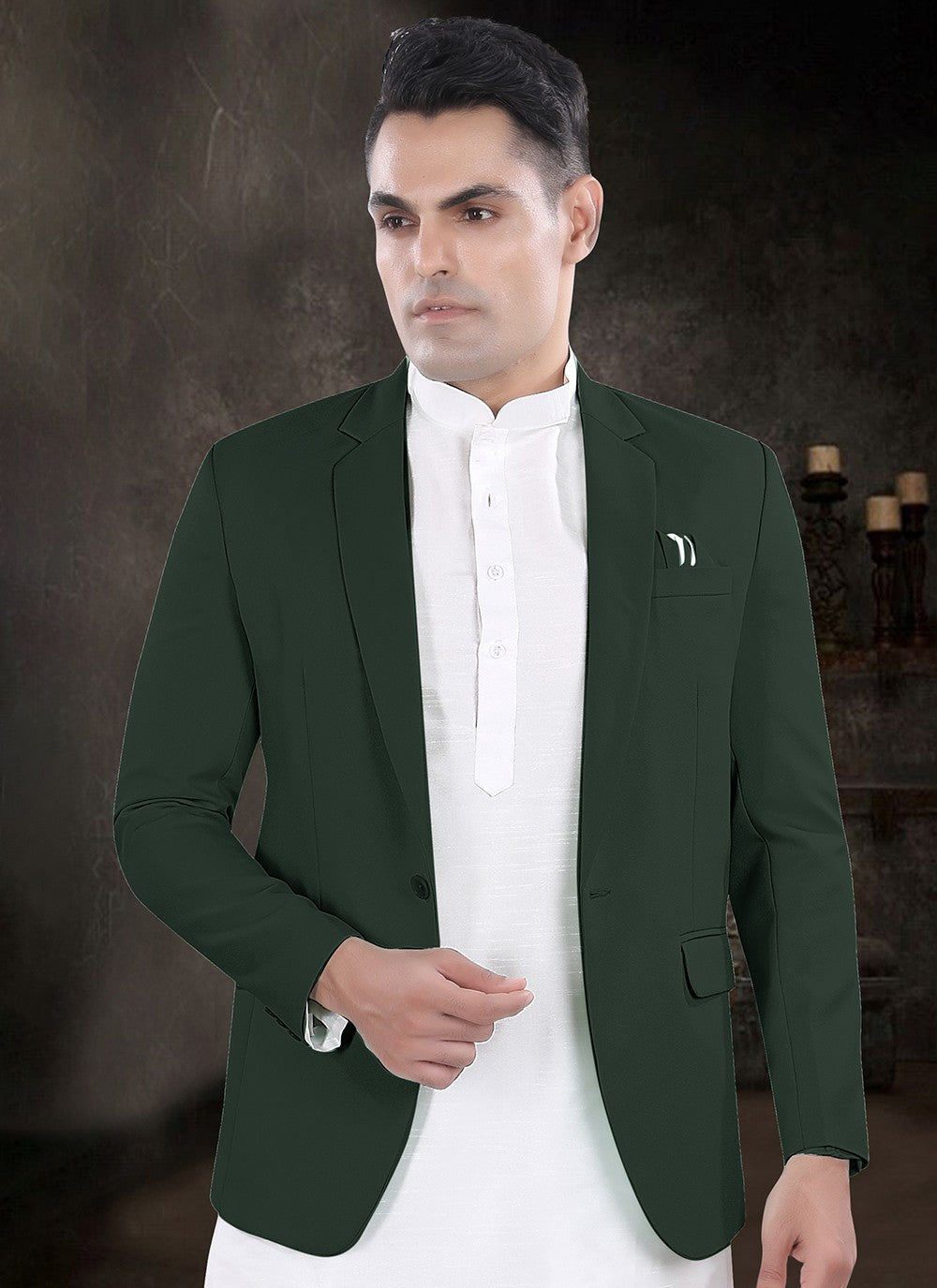 Plain Silk, Viscose Green, Off White Kurta Payjama With Jacket - M8160