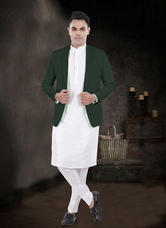 Plain Silk, Viscose Green, Off White Kurta Payjama With Jacket - M8160