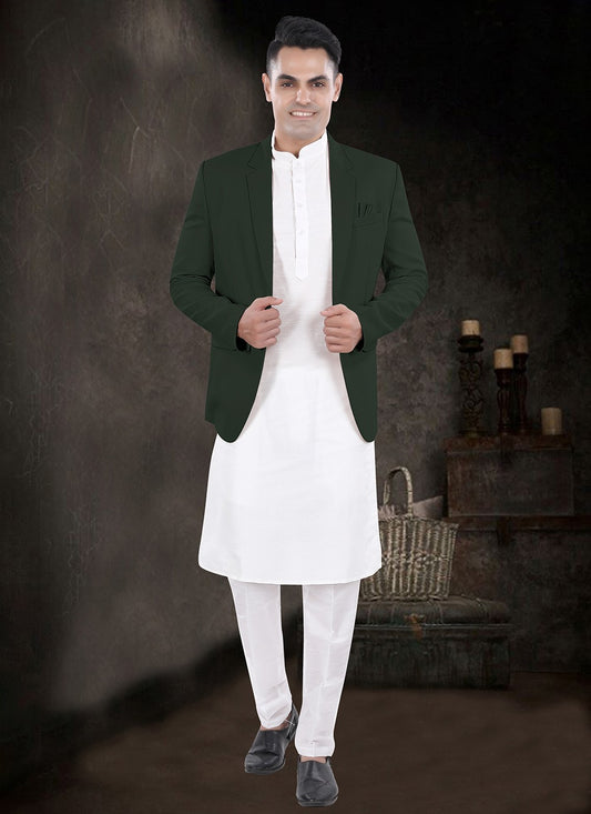 Plain Silk, Viscose Green, Off White Kurta Payjama With Jacket - M8156