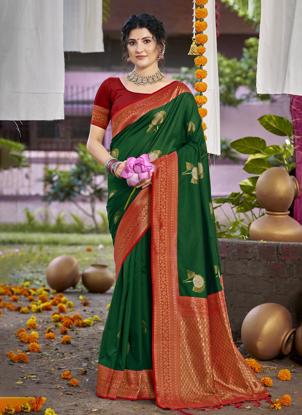 Trendy Weaving Zari Silk Green, Pink Saree - S11447