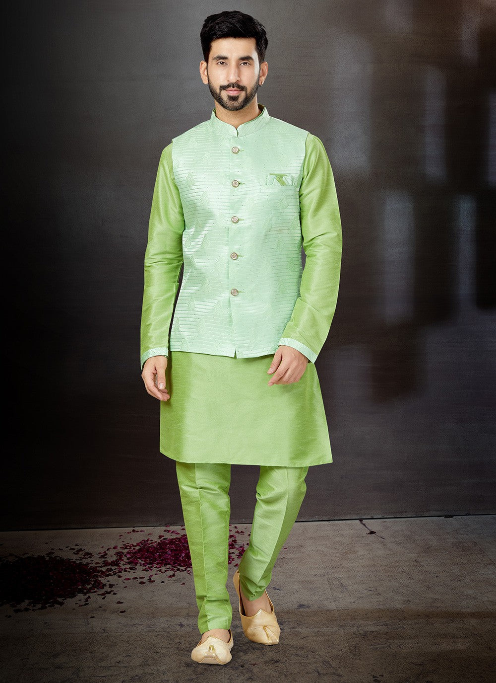 Embroidered Dupion Silk, Jacquard Green, Sea Green Kurta Payjama With Jacket - M4773