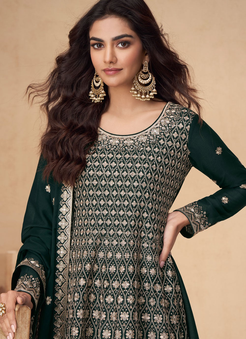 Embroidered Chinon Palazzo Suit - T4435