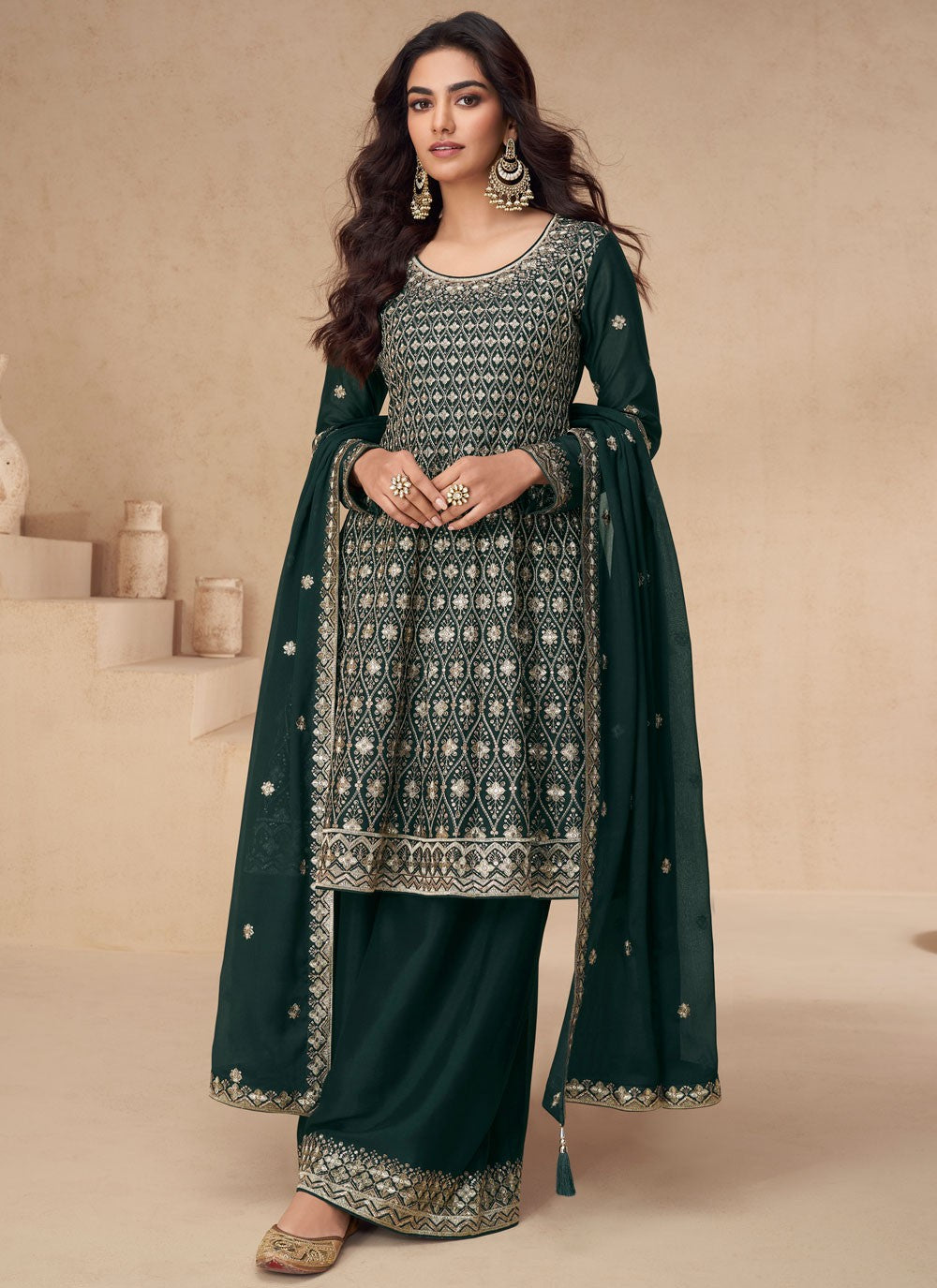 Embroidered Chinon Palazzo Suit - T4435