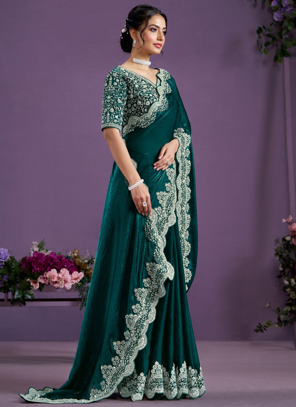 Designer Aari Work Glass Tissue Green Saree - S11325