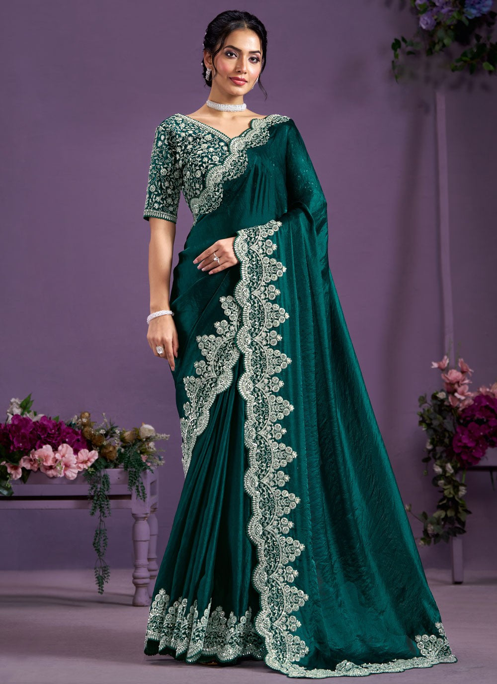 Designer Aari Work Glass Tissue Green Saree - S11325