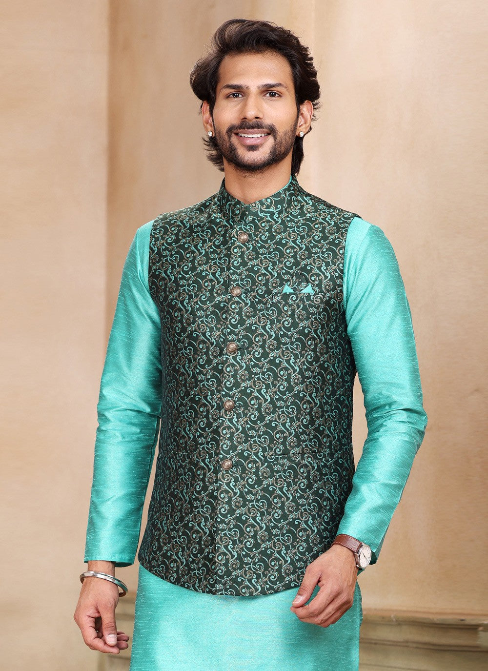 Fancy Work Jacquard Silk Green, Turquoise Kurta Payjama With Jacket - M5203