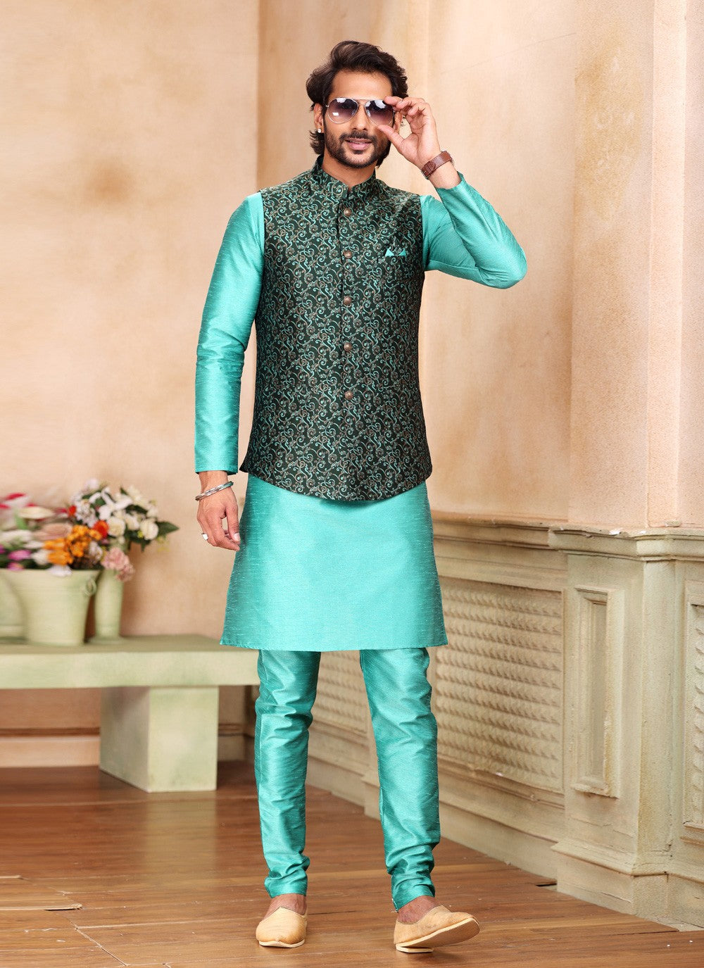 Fancy Work Jacquard Silk Green, Turquoise Kurta Payjama With Jacket - M5203