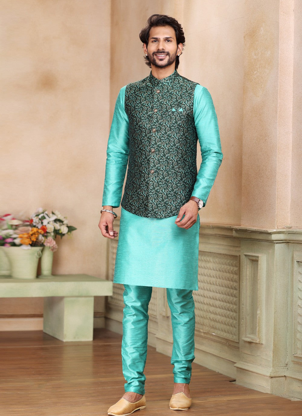 Fancy Work Jacquard Silk Green, Turquoise Kurta Payjama With Jacket - M5203